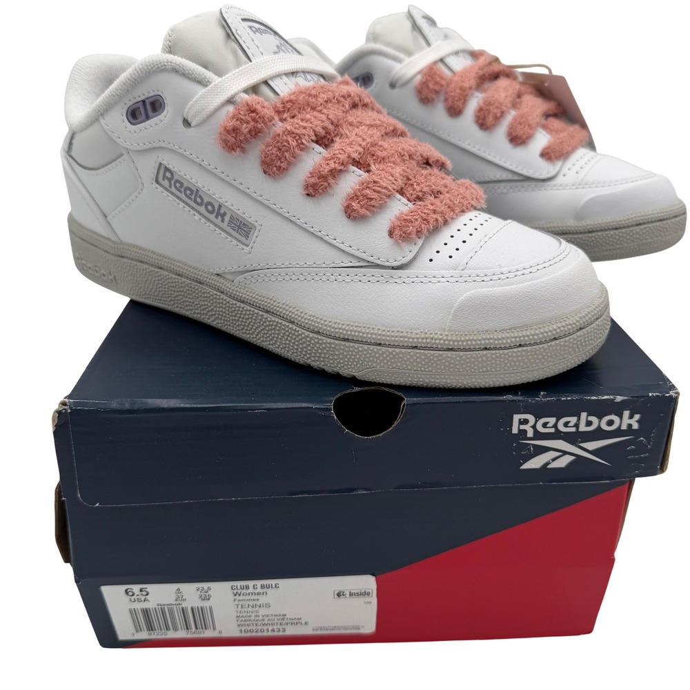 Reebok Club C Bulc Women 6.5 Y2K White Pink Fuzzy Laces Sneakers 100201433
